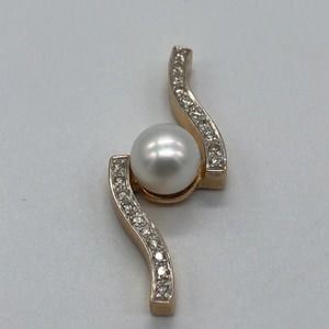 Stunning 14K‎ Diamond Pearl Modernist Pendant